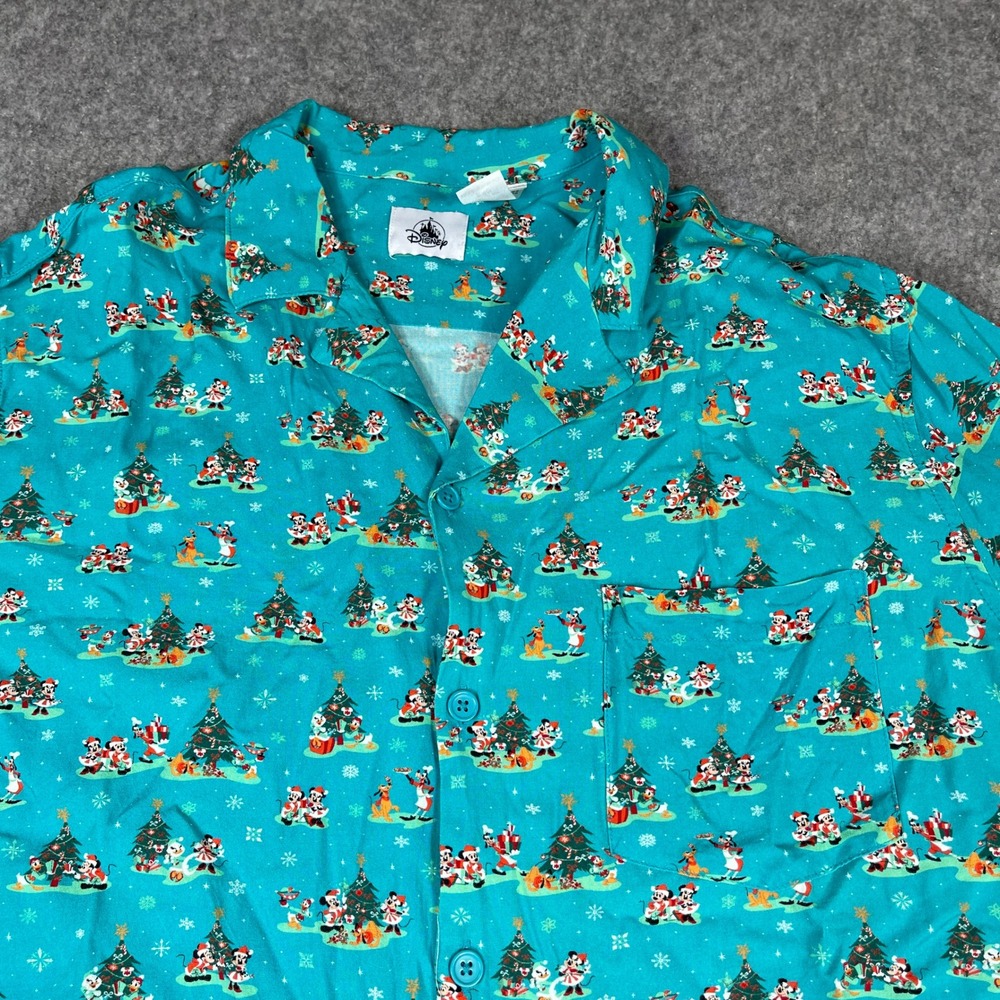 Disney Parks Christmas Santa Mickey Friend Blue Button Down Camp Shirt Size XL